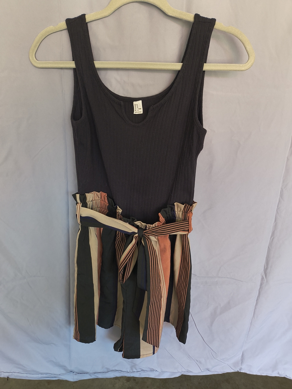 Women's Black Ribbed Romper with Striped Tie-Waist Shorts